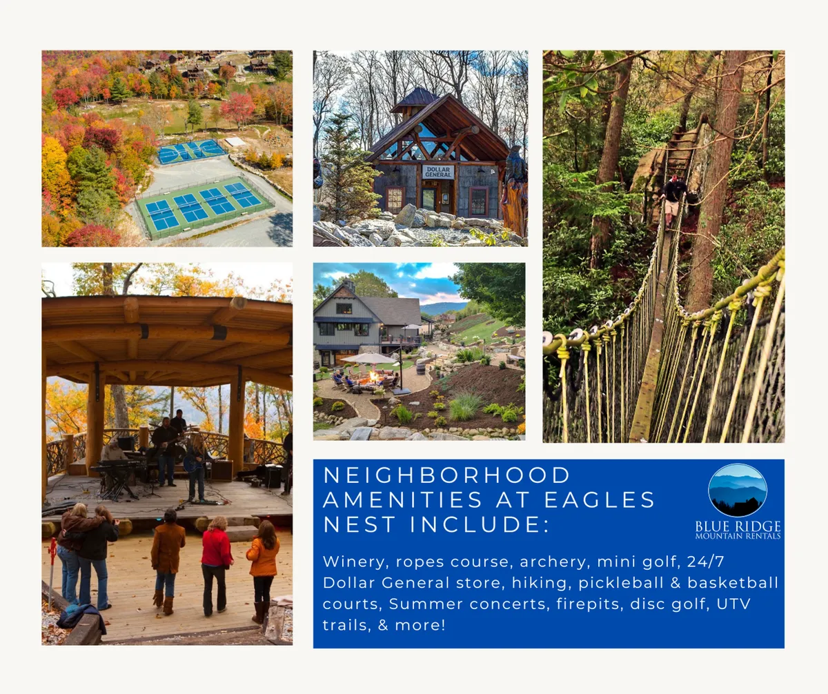A lively scene showcasing the Eagles Nest resort amenities, including an outdoor concert stage, tennis/pickleball courts, a mini-golf area, and hiking bridge, all set against a lush green landscape and a beautifully designed lodge.
